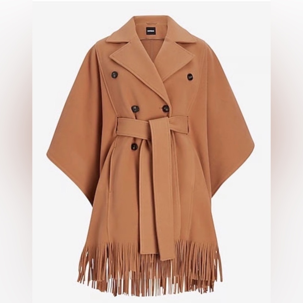 NWT Express Camel Fringed Cape Coat | Size M/L | Belted Poncho Trench
